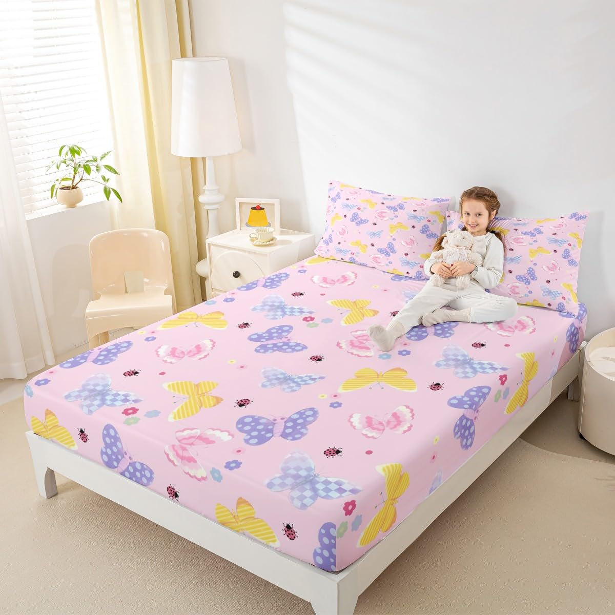 Feelyou Butterflies Fitted Sheet Twin Size for Kids Boys Girls Butterfly Printed Pattern Bed Sheets Set 16" Deep Pocket Cute Flowers Bedding with 1 Pillowcase Purple Blue Checked Room Decor