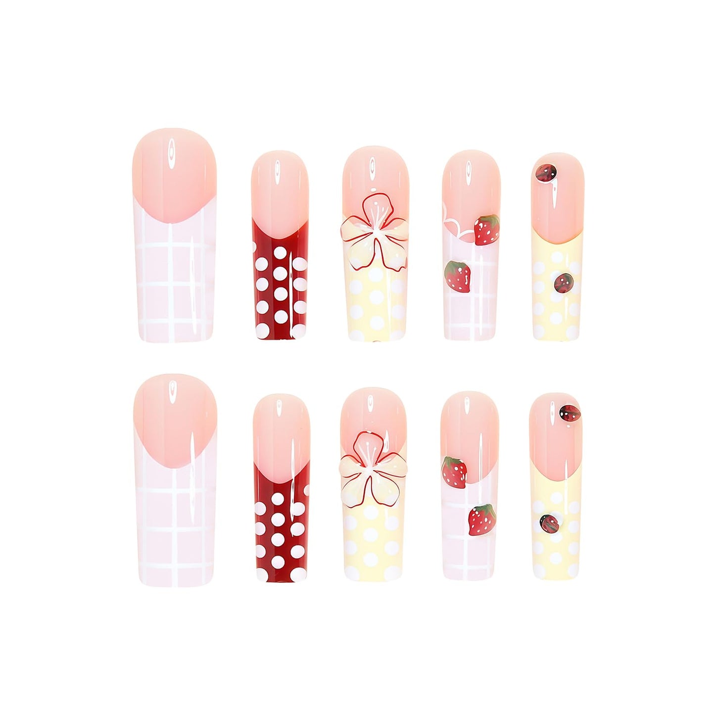 MISUD Press on Nails - Long Square Fake Nails with Spring Pink Yellow, Acrylic Checkered Polka Dot Strawberry Ladybug Design 24 pcs