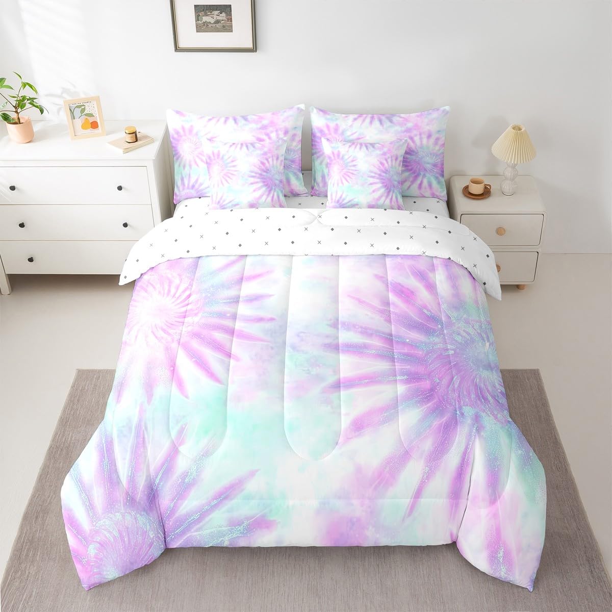 Erosebridal Tie Dye Queen Comforter Set, Purple 7-Piece Bed in A Bag, Setspiral Swirl Vortex Sheets and Pillowcases, Gypsy Girly Style Bed Sets