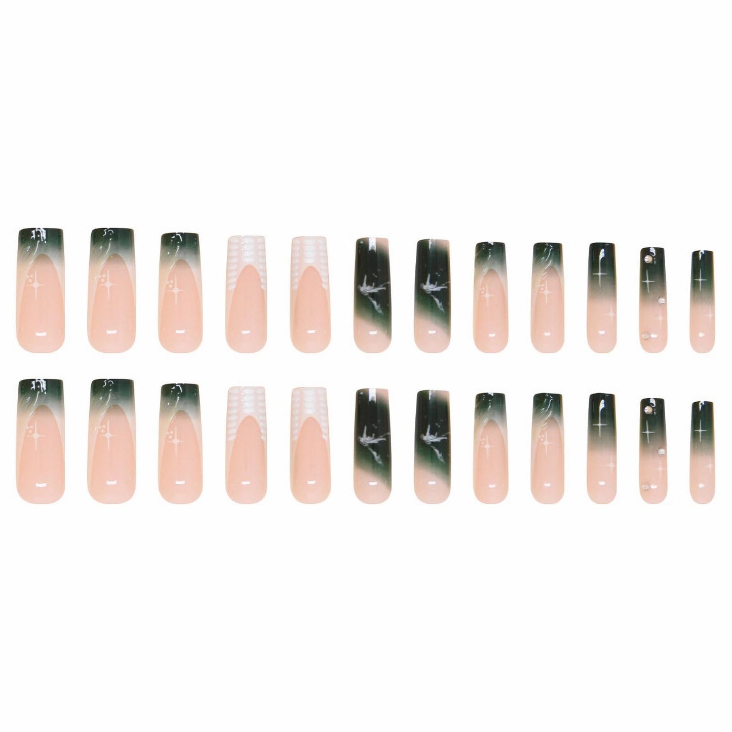MISUD Press on Nails - Long Square Fake Nails with Dark Green, Acrylic Ombre French Tip Design 24 pcs