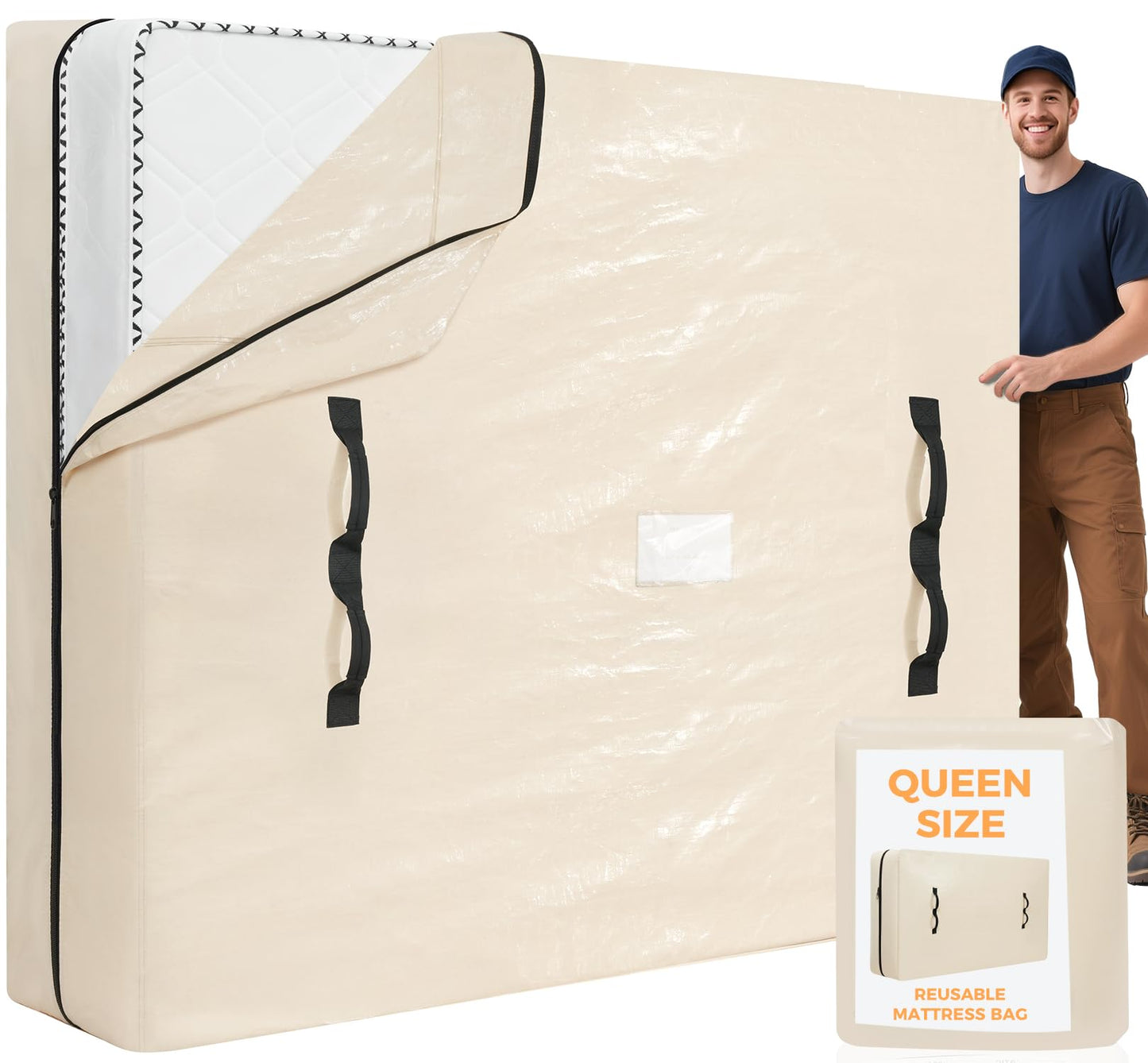 BAGAIL Mattress Bags for Moving, Mattress Covers with Heavy Duty Handles, Reusable Mattress Storage Bag for Moving Supplies(Beige, Queen)