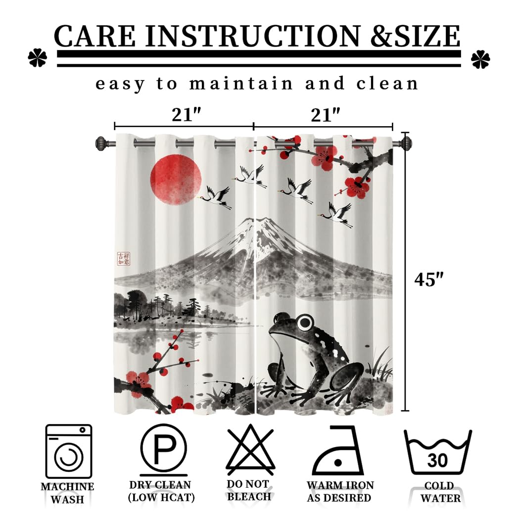 KuracleGH Rustic Japanese Animal Frog Blackout Curtains,Retro Ink Mount Fuji Crane Curtains with Grommets,Aesthetic Red Sun Cherry Blossom Drapes for Living Room Windows,2pcs,Each 21“W x 45”L
