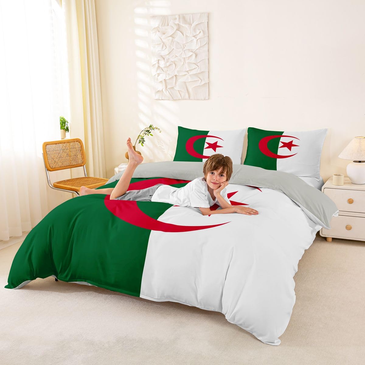 Feelyou Flag of Algeria Duvet Cover Full Size Boys Girls Algerian Bedding Set Breathable Soft International Flag Comforter Cover 3Pcs Soccer Sports Game Bedroom Decor