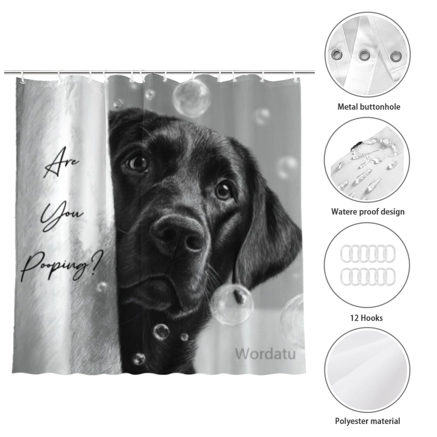 Wordatu Funny Black Labrador Dog Bathroom Shower Curtain 72x72 Inch Animal Pets Puppy Kids Cute Black White Interesting Polyester Waterproof Decor 12 Hooks