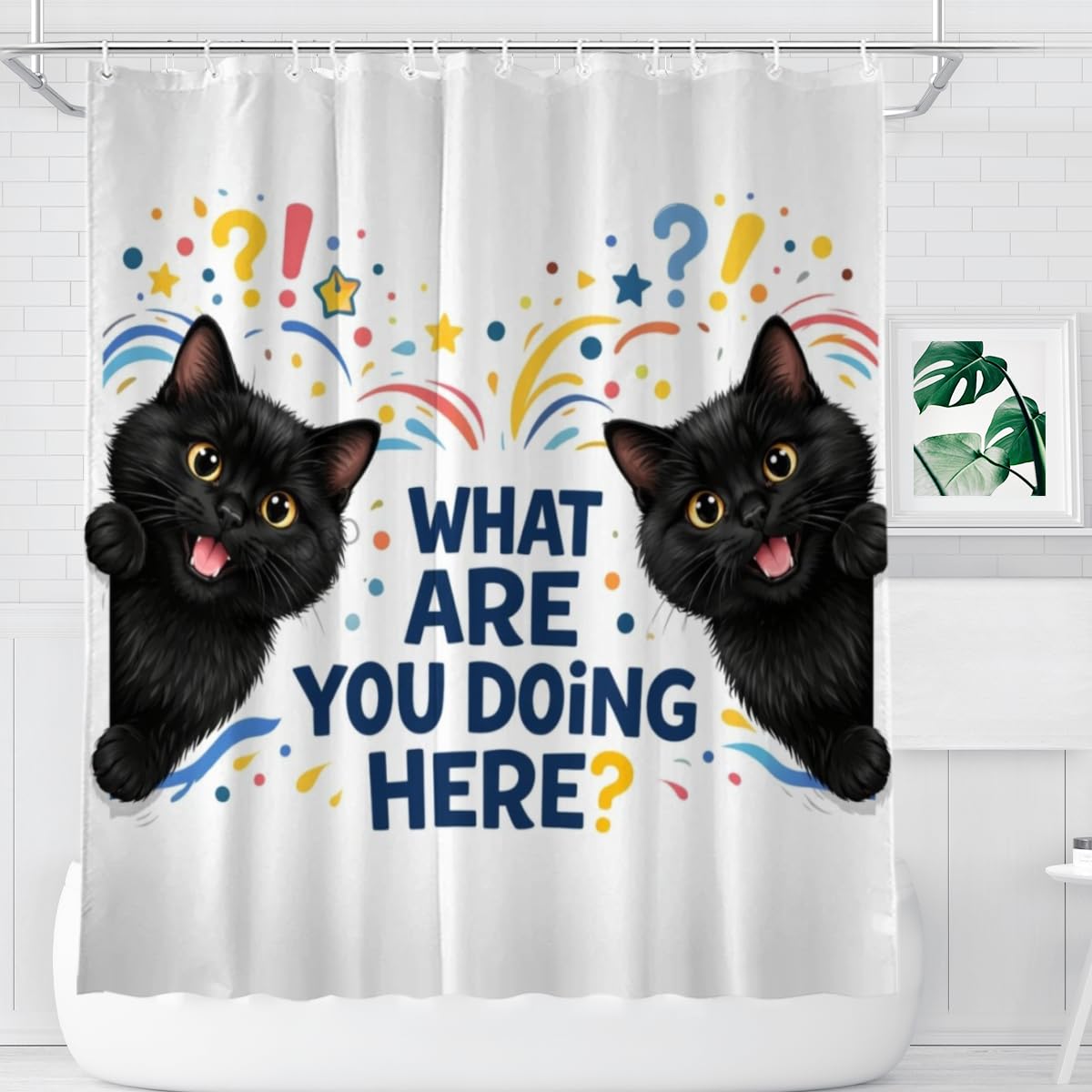 LFINKARTGOGO Funny Black Cat Shower Curtain 72x72 with 12 Hooks What are You Doing Here Waterproof Washable Polyester Bath Curtain for Home Hotel Decor