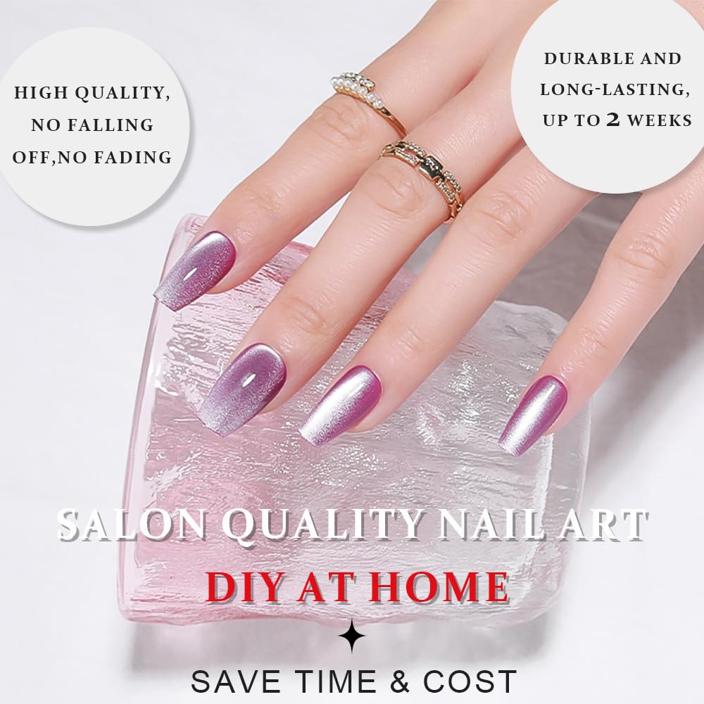 evpct Purple Cat Eye Coffin Press on Nails Medium Square No Glue, Medium Square Stick on Nails for Women Gift, Lavender Purple Metallic Glitter Glossy Reusable Summer Press on Fake Nail with Designs