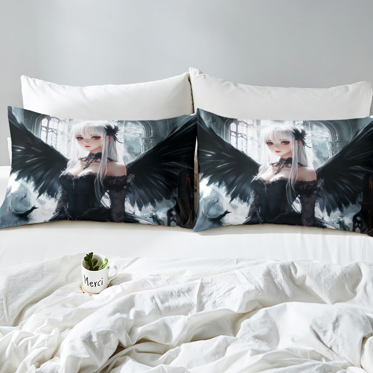 Erosebridal Anime Girl Duvet Cover Full Size, Kawaii Japanese Anime Bedding Set for Kids Boys Teens Adult, Cartoon Girl Comforter Cover Japan Animation Bedroom, Machine Washable, Black White
