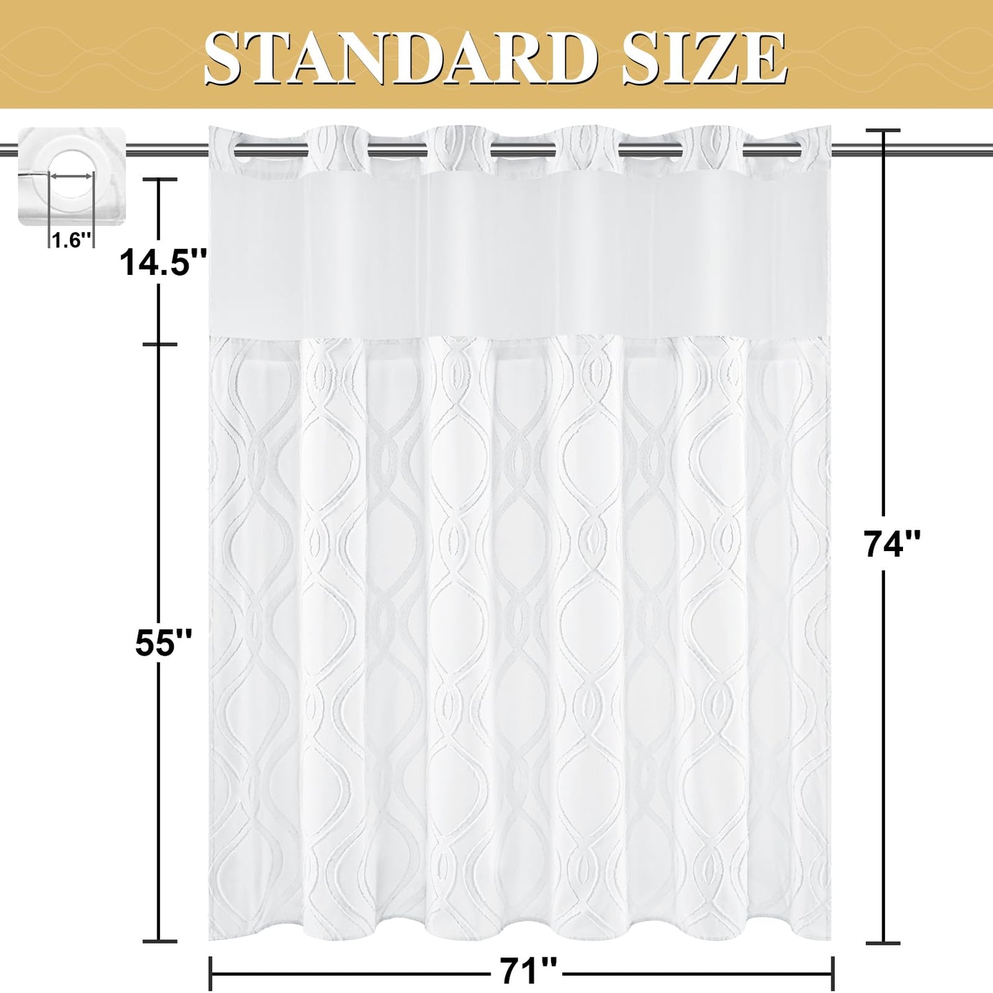 Yinhua No Hook Shower Curtain with Snap in Liner Set, Tufted Waterproof Shower Curtains for Bathroom Washable Bath Curtain Hotel Style Curtains with See Through Top Window, White, 71" W×74" L