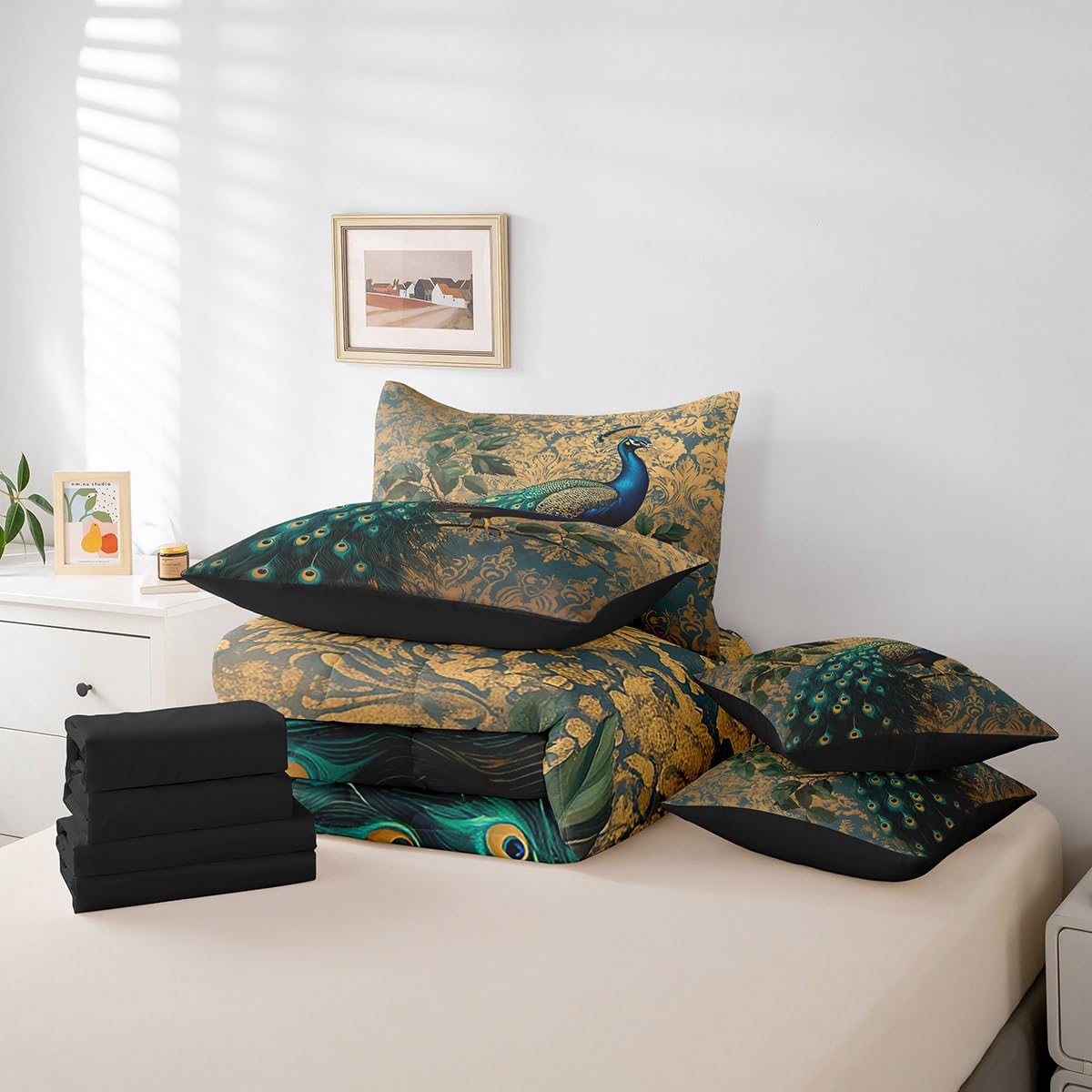 Erosebridal Blue Peacock Comforter Set King Size,Elegant Damask Bedding Set for Kids Teens,Bird and Floral (Comforter+Fitted+Flat Sheet+2 Pillowcases+2 Throw Pillow Covers) 7 Pieces Bed Set