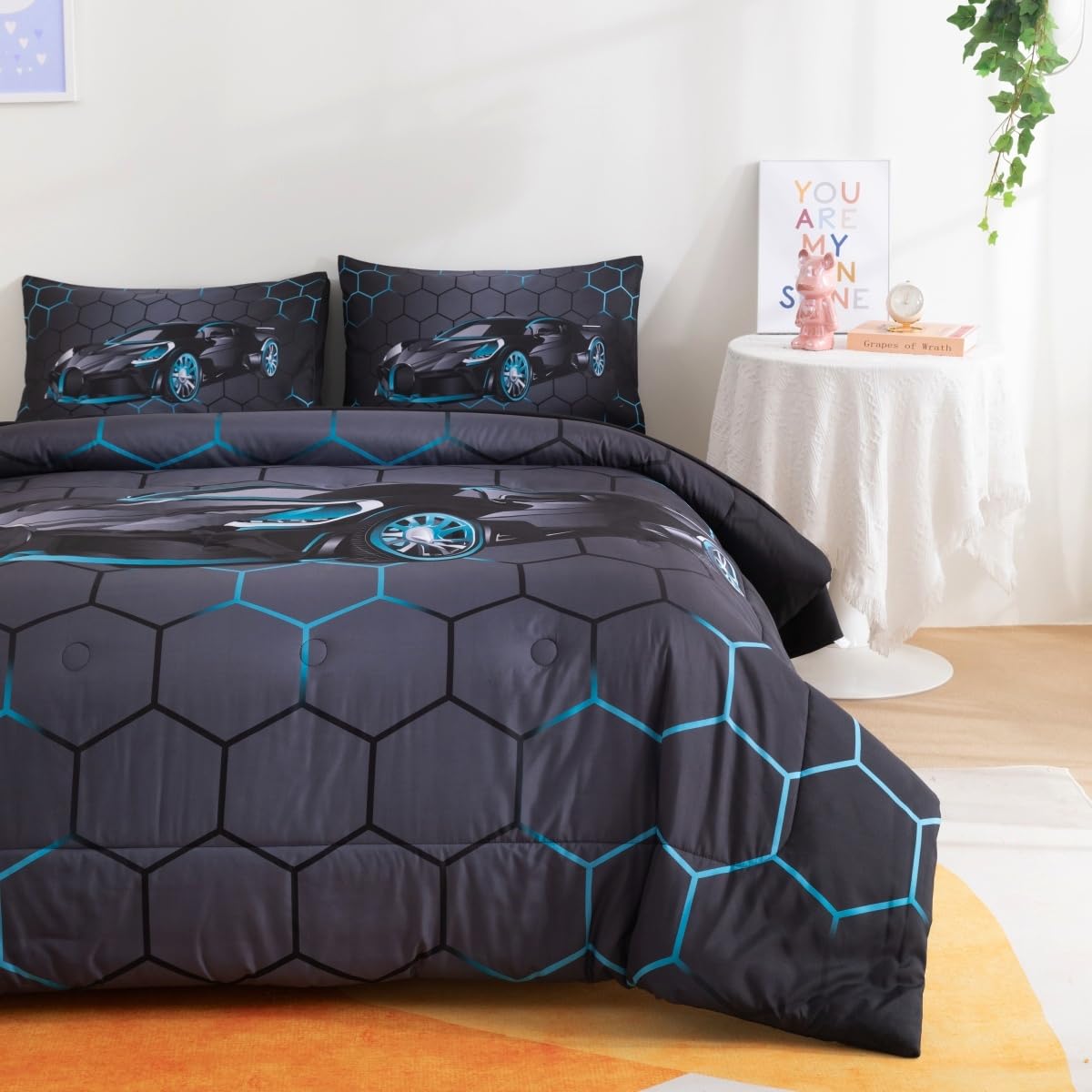 Podol 5 Pieces Race Car Comforter Set Twin Size Blue Sports Car Bedding Sets for Boy 3D Geometric Bed in a Bag with 1 Comforter, 2 Pillowcases, 1 Flat Sheet and 1 Fitted Sheet