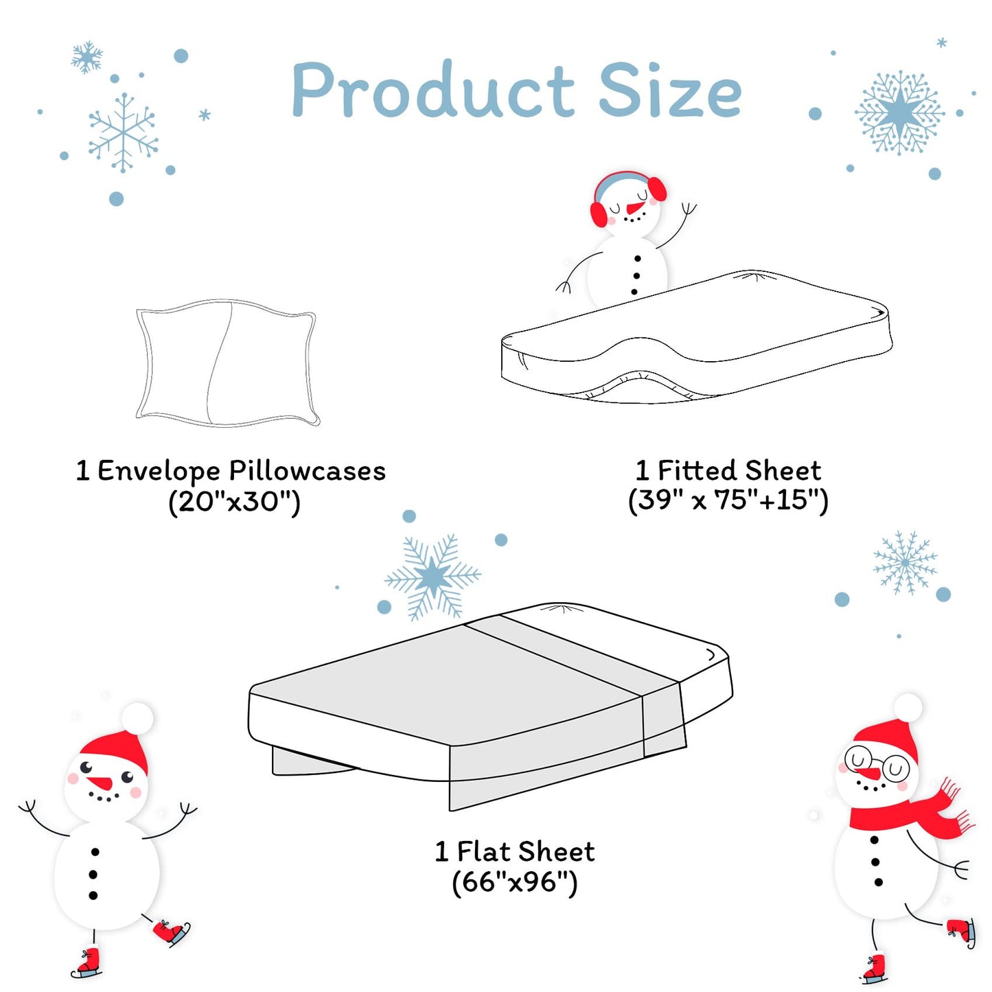 JSD Snowman Kids Sheet Set Twin Size, 3 Piece Blue Snowflakes Christmas Printed Microfiber Sheets Deep Pocket
