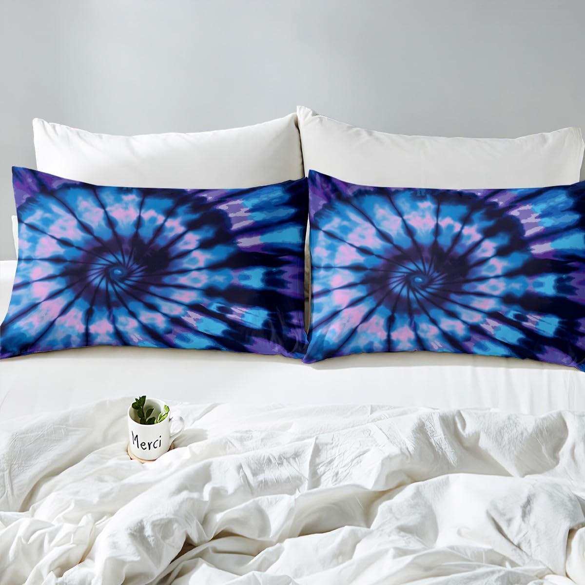 Purple Tie Dye Bed Sheets Blue Spiral Tie Dye Fitted Sheet, Hippie Bedding Sets Boho Bohemian Gypsy Hippie Bedding Decor Set 2 Piece, Abstract Printed Deep Pocket Fitted Sheet+1 Pillowcase,Twin