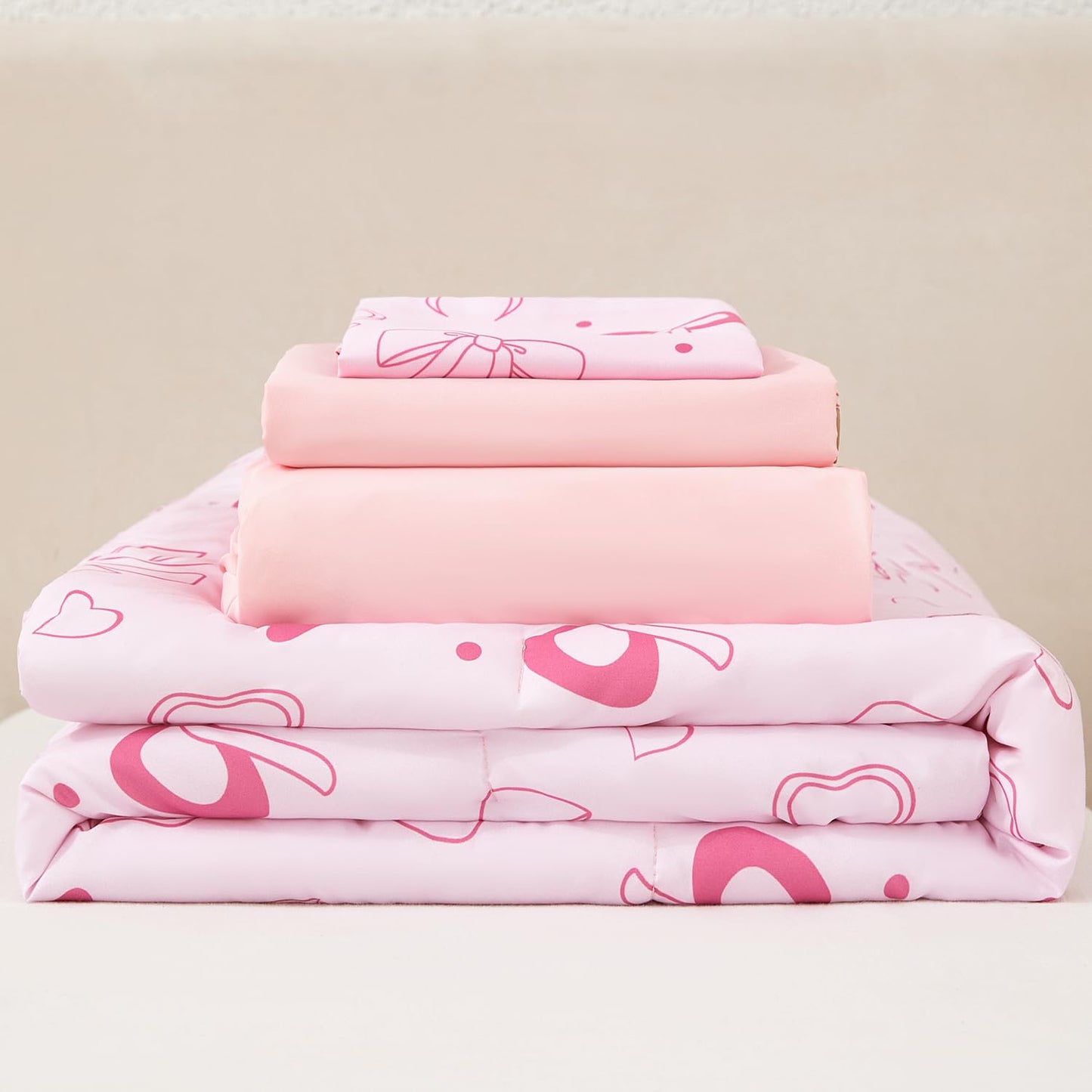 URBONUR 4 Piece Toddler Bedding Set - Soft and Breathable Crib Bedding Set for Girls, Includes Comforter, Fitted Sheet, Flat Top Sheet and Envelope Pillowcase, Pink Bow