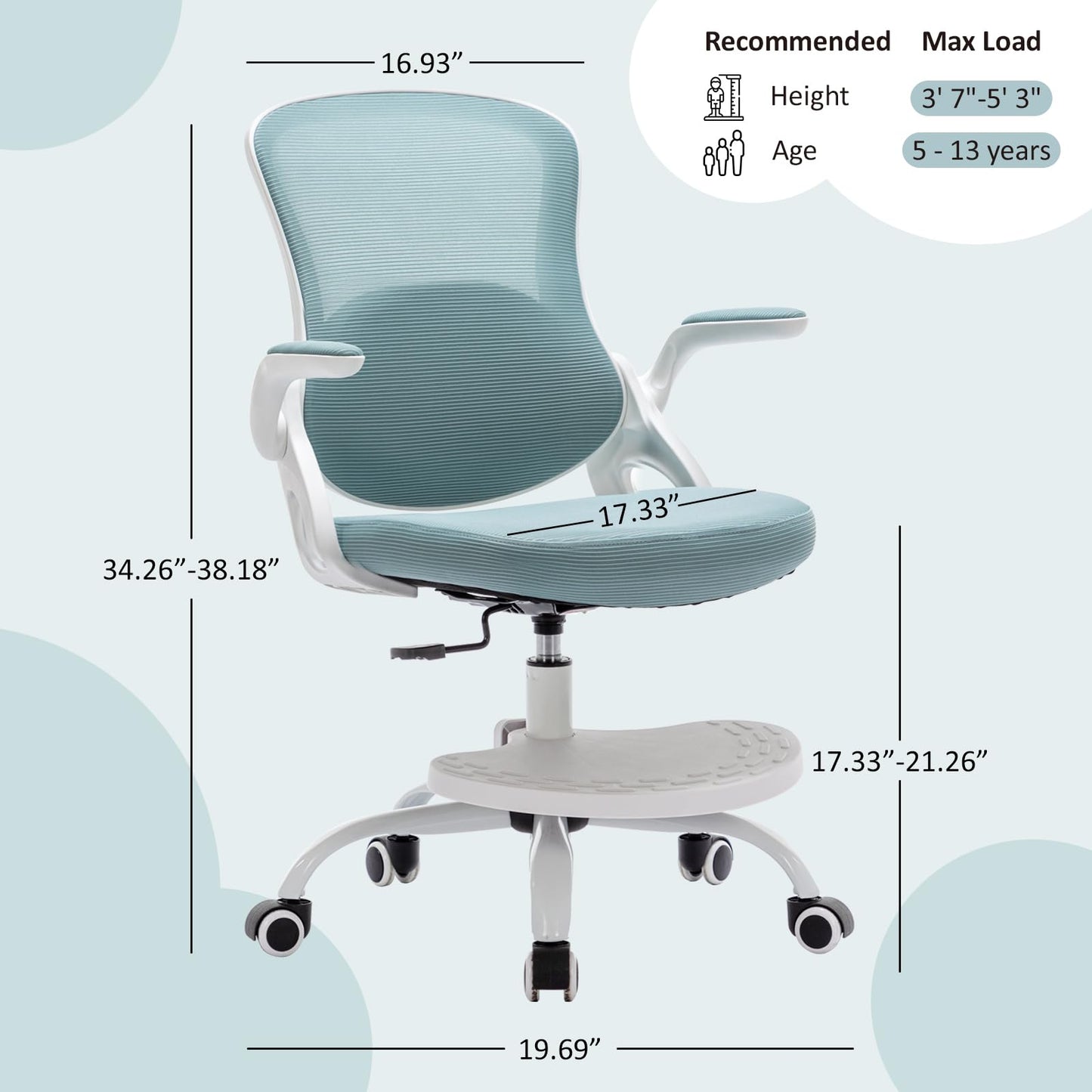 Kids Desk Chair,Ergonomic Study Chair with Adjustable Height,Swivel Mesh Desk Chair with Wheels,Home Office Chair for Children in Home Bedroom Blue
