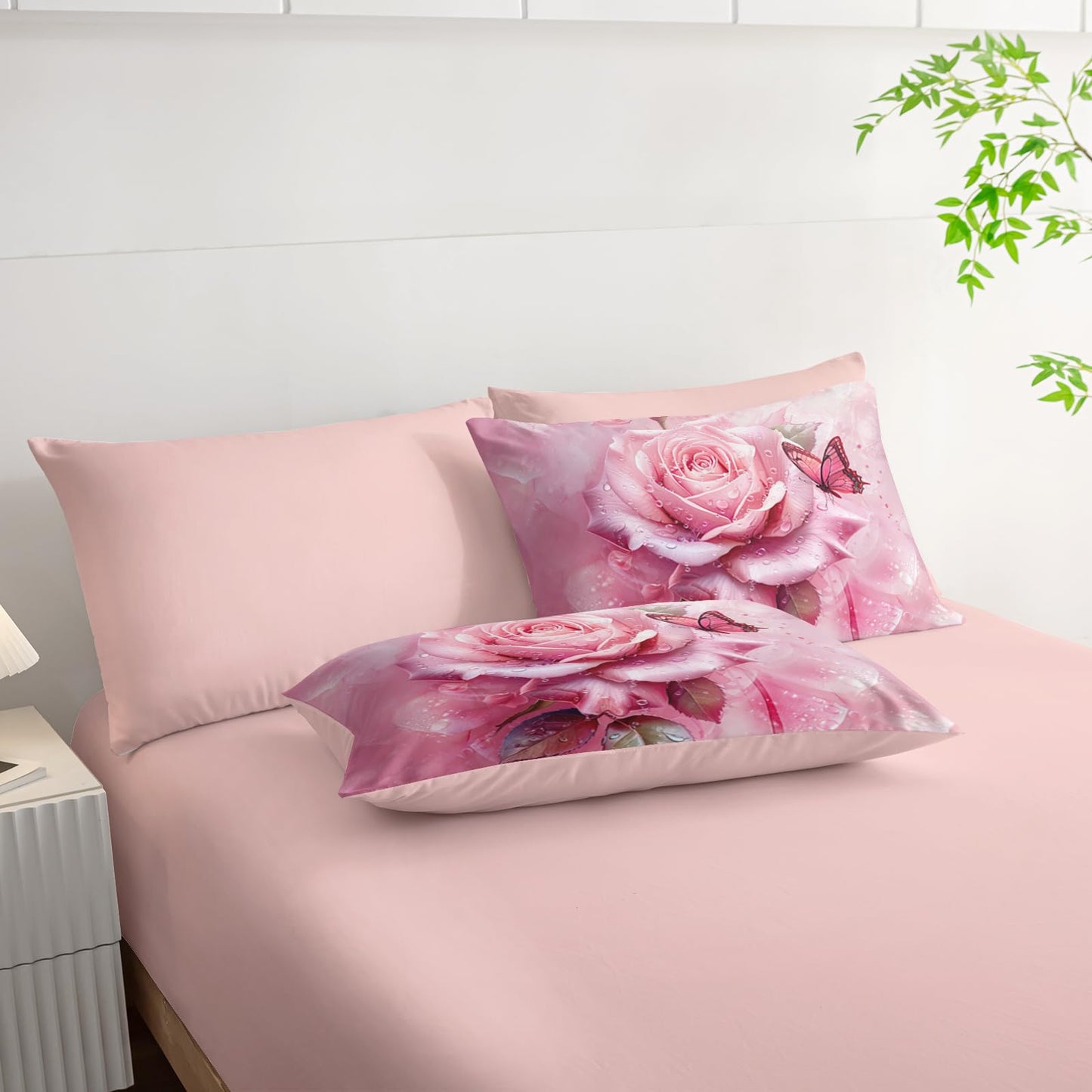 AILONEN 7-Piece Pink Rose Comforter Set Queen Size,Rose Flower Butterfly Bed in a Bag for Girls Women,Modern Romantic Floral Printed Art Pink Comforter + Fitted/Flat Sheet +2 Pillowcases + 2 Shams