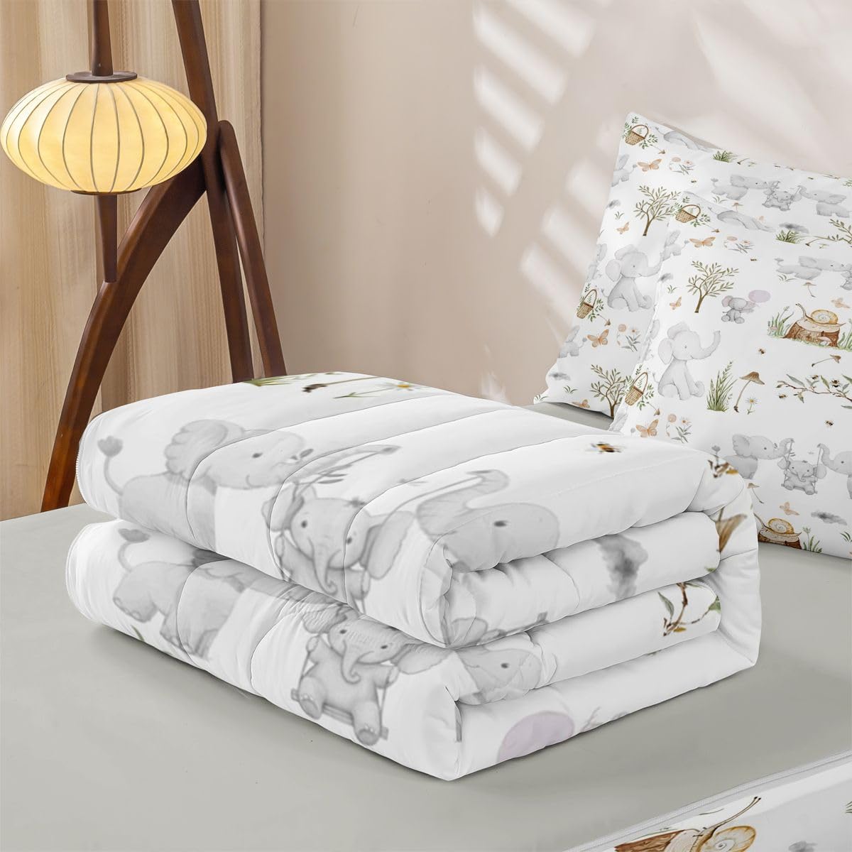 Erosebridal Kids Elephant Zippered Bedding Set Twin Nursery Cute Cartoon Animals Comforter Set Woodland Snails Wildlife Bed in a Bag Elephant Family Stump Butterfly Trees Zipper Quilt Fitted Sheet