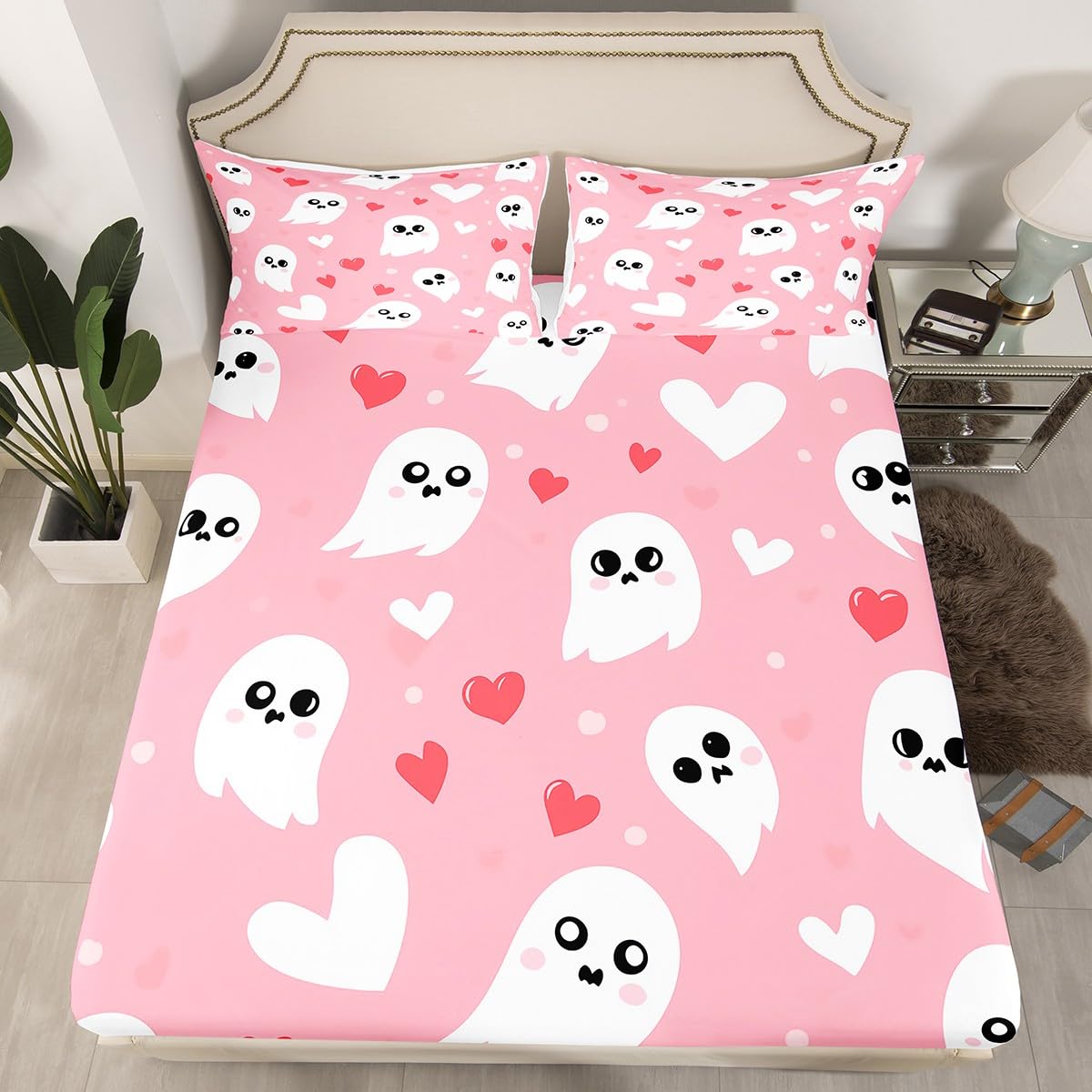 jejeloiu Cute Ghost Bed Sheets Set Full Size Kids Happy Halloween Pink Fitted Sheet for Boys Girls Kawaii Bedding Set Soft Microfiber Room Decor（with 2 Pillow Cases）