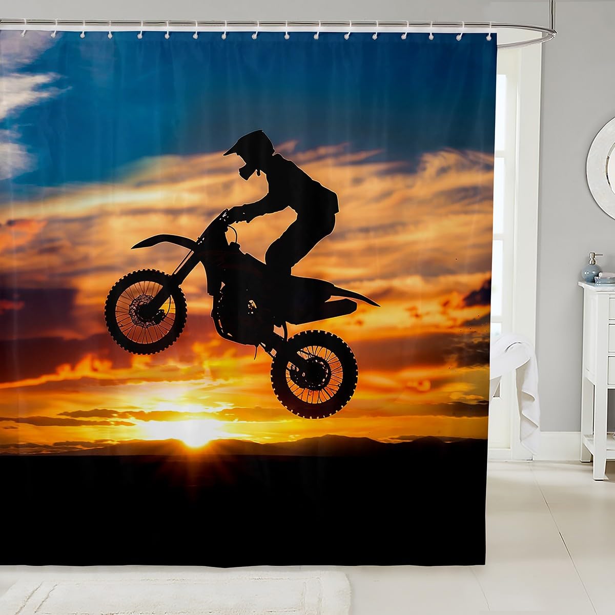 Feelyou Motocross Rider Shower Curtain for Girls Boys Dirt Bike Motorbike Bath Curtain Decorative Extreme Sports Theme Bathroom Shower Curtain Set Chic Sunset Waterproof Curtain 72"x72"