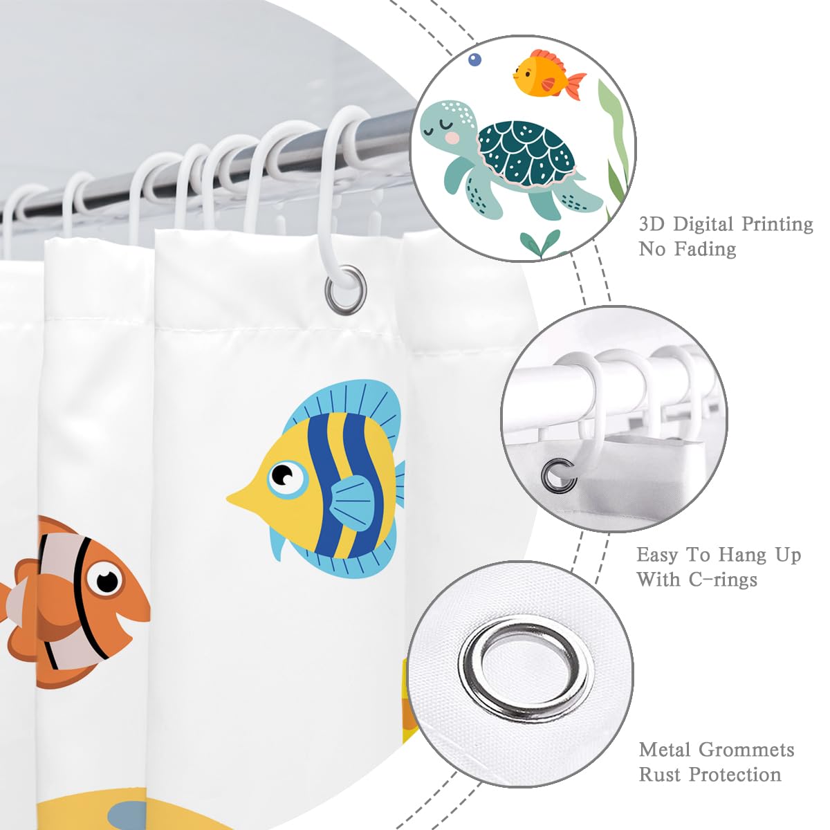 BIYSUC Kids Ocean Shower Curtain Cartoon Sea Turtle Whale Dolphin Fish Corals Underwater World for Boys Girls Bathroom Decor Waterproof Polyester Fabric 72Lx72W Inch with 12PCS Plastic Hooks