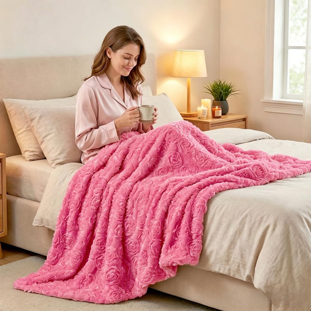 Double-Sided Faux Rabbit Fur Throw Blanket with 3D Rose Embroidery - Ultra Soft, Warm, and Luxurious for Couch, Bed, or Sofa (Pink,Twin (51" x 63"))