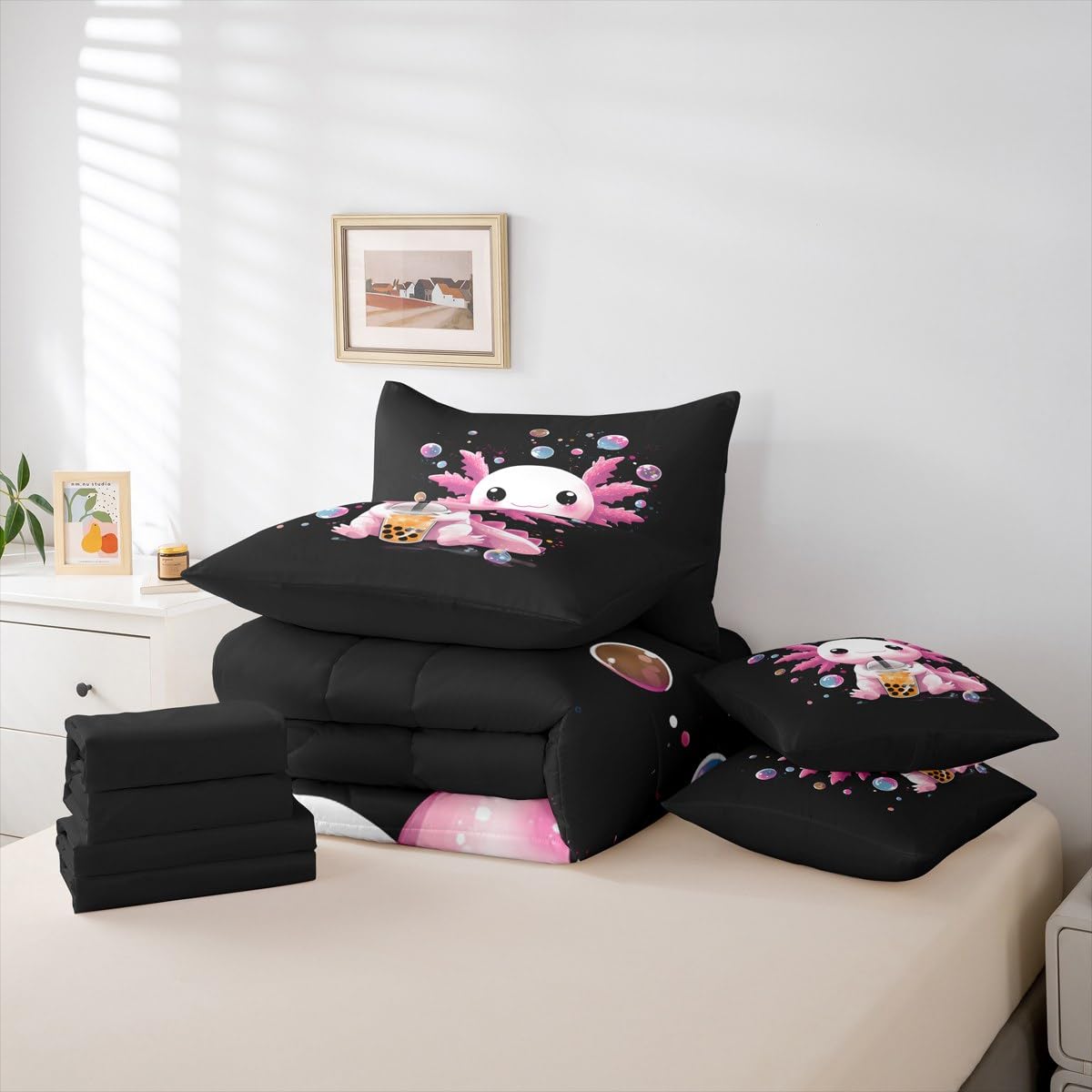 Erosebridal Axolotl 7 Piece Comforter Set Queen | Cute Boba Bed in A Bag Pink Salamander Sheet Set Breathable Lightweight Kawaii Bubble Tea Fitted Sheet Reversible