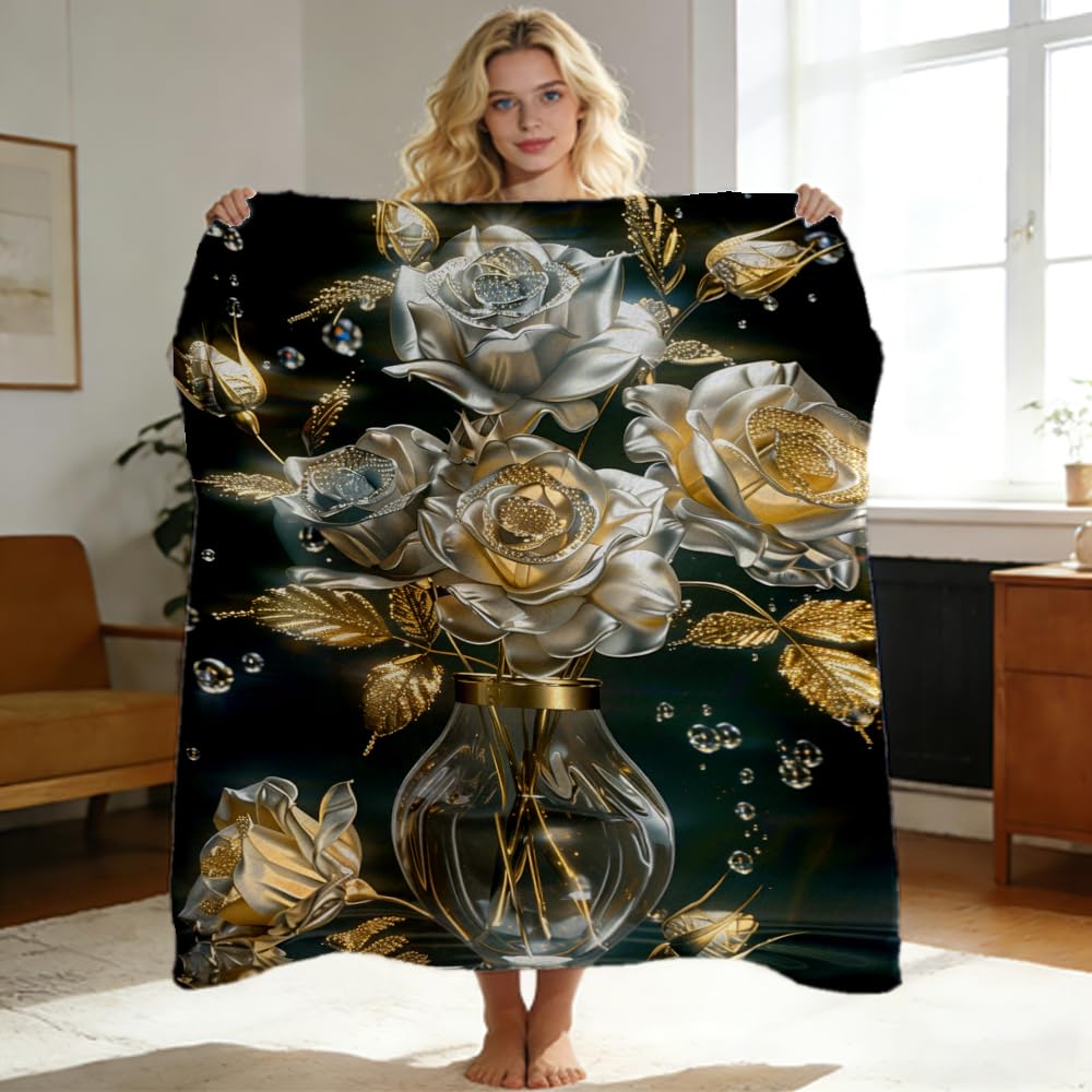 ZHOUSHUTONG Gold Silver Rose Floral Flannel Throw Blanket, Soft Cozy Warm Plush Blankets for Couch Bed Sofa, Elegant Flower Print Decorative Blanket, Gift for Women Girls 49"x59"