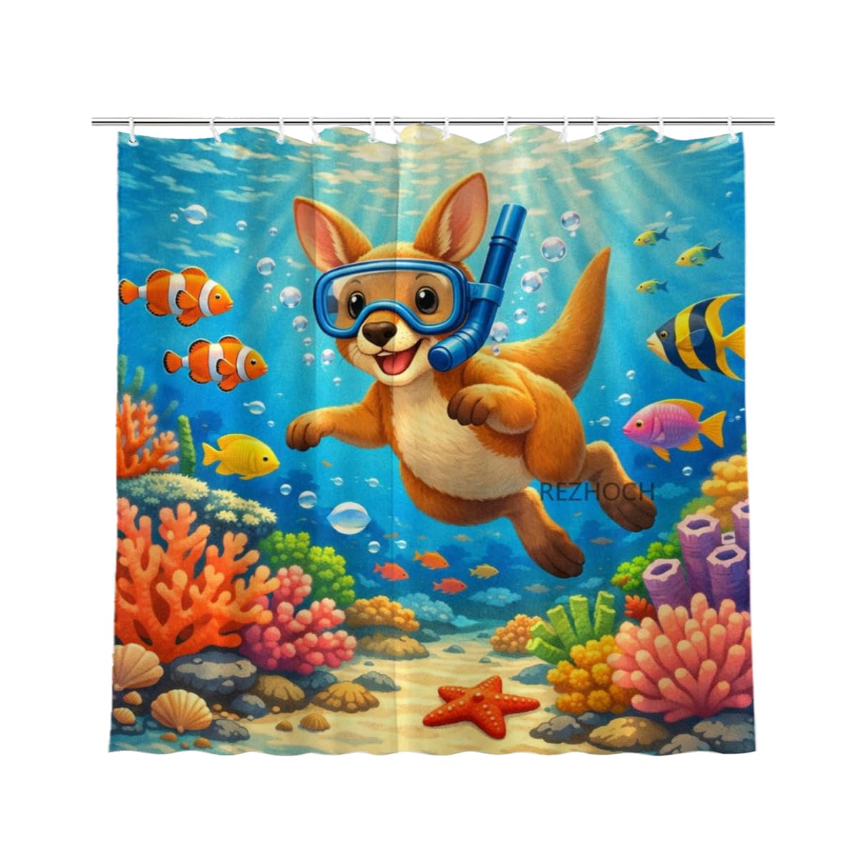 REZHOCH Kids Ocean Shower Curtain 72x72Inch Fun Kangaroo Snorkeling Underwater Tropical Fish Coral Reef Home Bathroom Decor,Boy Girl Cartoon Animal Coastal Bath Set with Hooks
