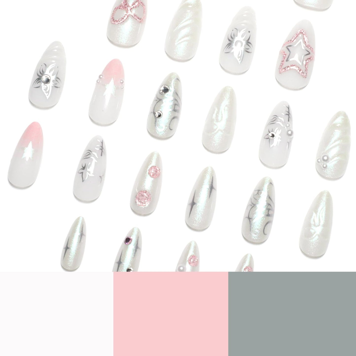 IMSOHOT Chrome Press on Nails Medium Almond Fake Nails with Pink Star Bow Designs Glossy Gel Handmade Acrylic Nail Supplies Full Cover Cute Artificial Glitter Stick on Nails