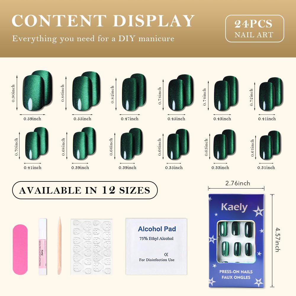 evpct Dark Emerald Green Metallic Cat Eye Press on Nails Square Medium, Stick on Nails Medium Length Square for Women, Green Metallic Nail press ons, Iridescent Glitter Acrylic Fake Press on Nail