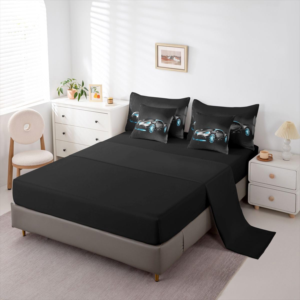 Sports Car 7 Piece Bedding Set Stylish Black Race Car Comforter Set with Sheets for Kids Boys Girls Extreme Sports Theme Bed in a Bag Cool Speed Luxury Car Decor Bed Set with 2 Pillowcases Queen