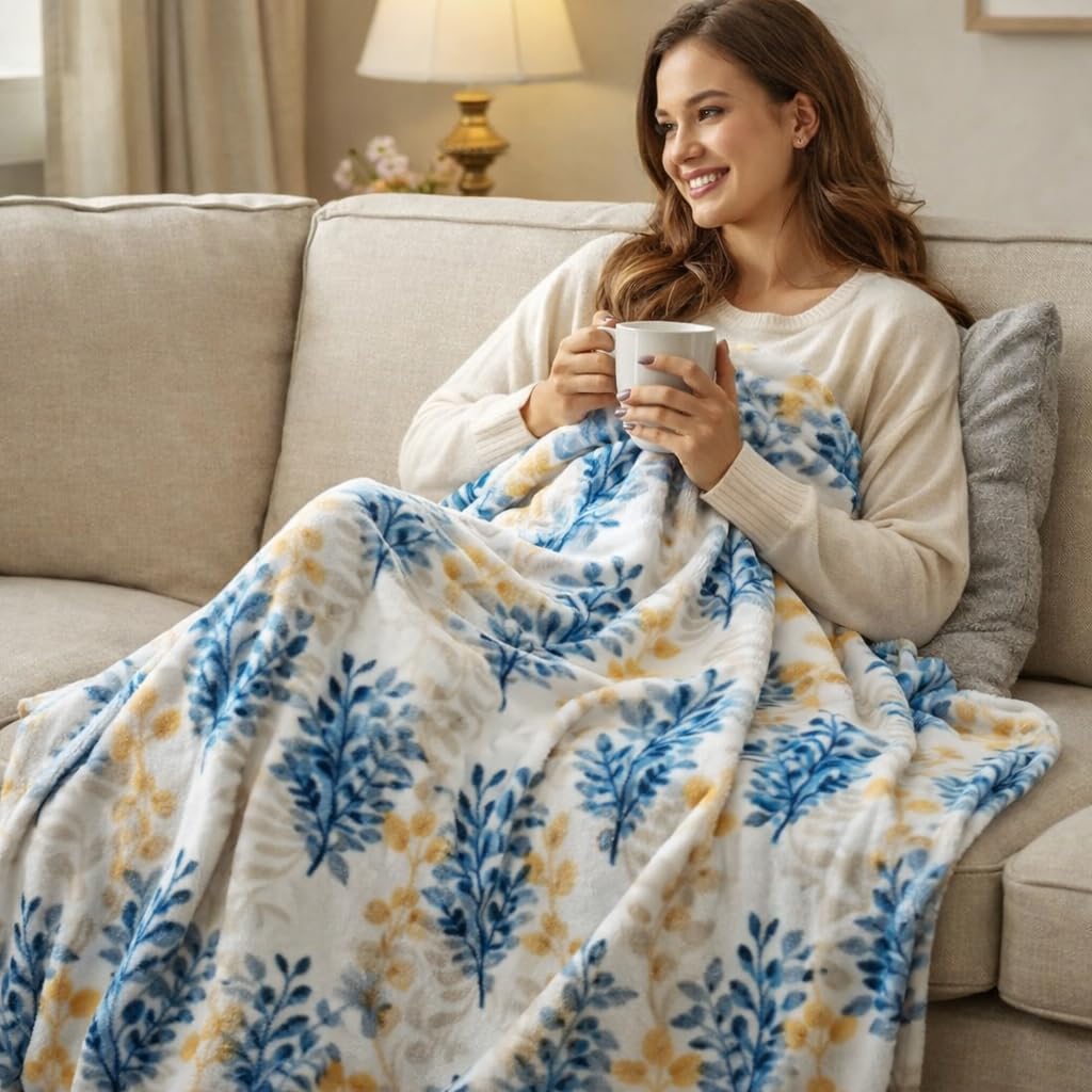 Floral Fleece Throw Blanket: Botanical Velvety Soft, Durable Accent for Bed or Couch Teal and Yellow Leaves, 50 x 70 inches