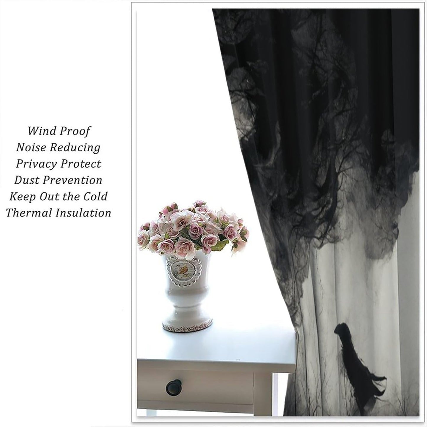 Halloween Misty Forest Curtains, Gothic Foggy Night Silhouette Birds Black Raven Crow Room Darkening Door Window Rod Pocket Curtain for Living Room Bedroom W42xL45in