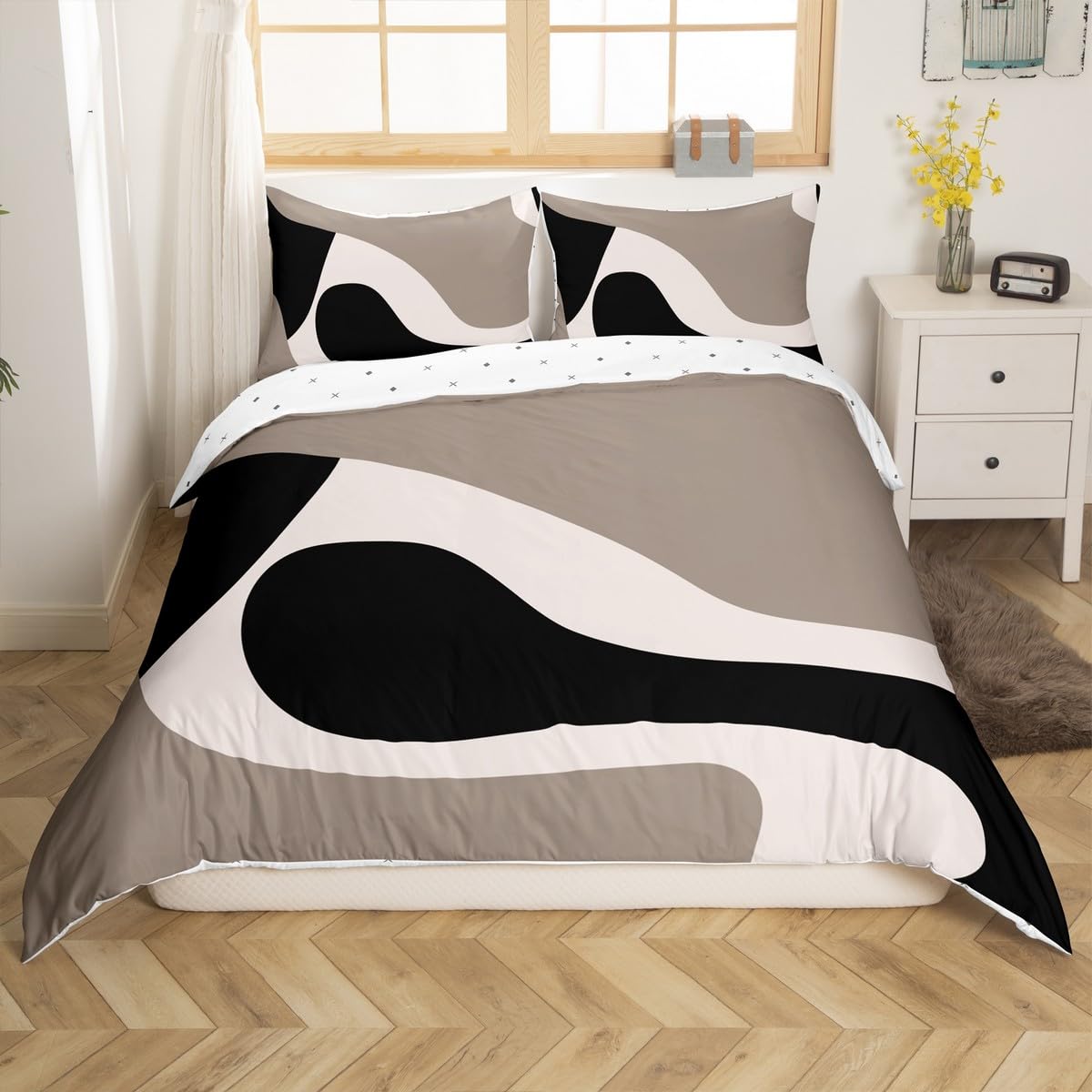 Erosebridal Black Beige Striped Duvet Cover King,Boho Modern Geometric Abstract Comforter Cover for Women Men Adults, Stripes Bold Lines Bedding Set,Minimalist Stylish Art Bed Set