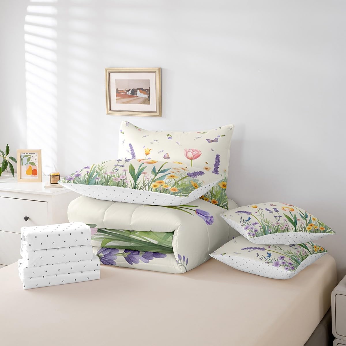 Erosebridal Tulips Full Size Bed Sheets and Comforter Set,Jungle Flowers 7 Piece Bedding Set Garden Floral Lavender Bed in a Bag,Rural Pastoral Style Farmhouse Rustic Bed Sets
