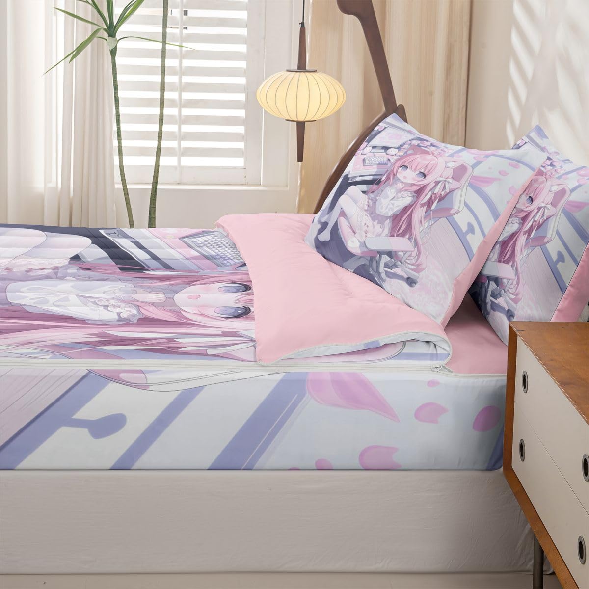 Erosebridal Kawaii E-Sports Girl Kids Comforter Set with Zipper, 3D Japanese Girl Twin Size Zipper Bedding Set, Girly Gaming Bed-in-A-Bag