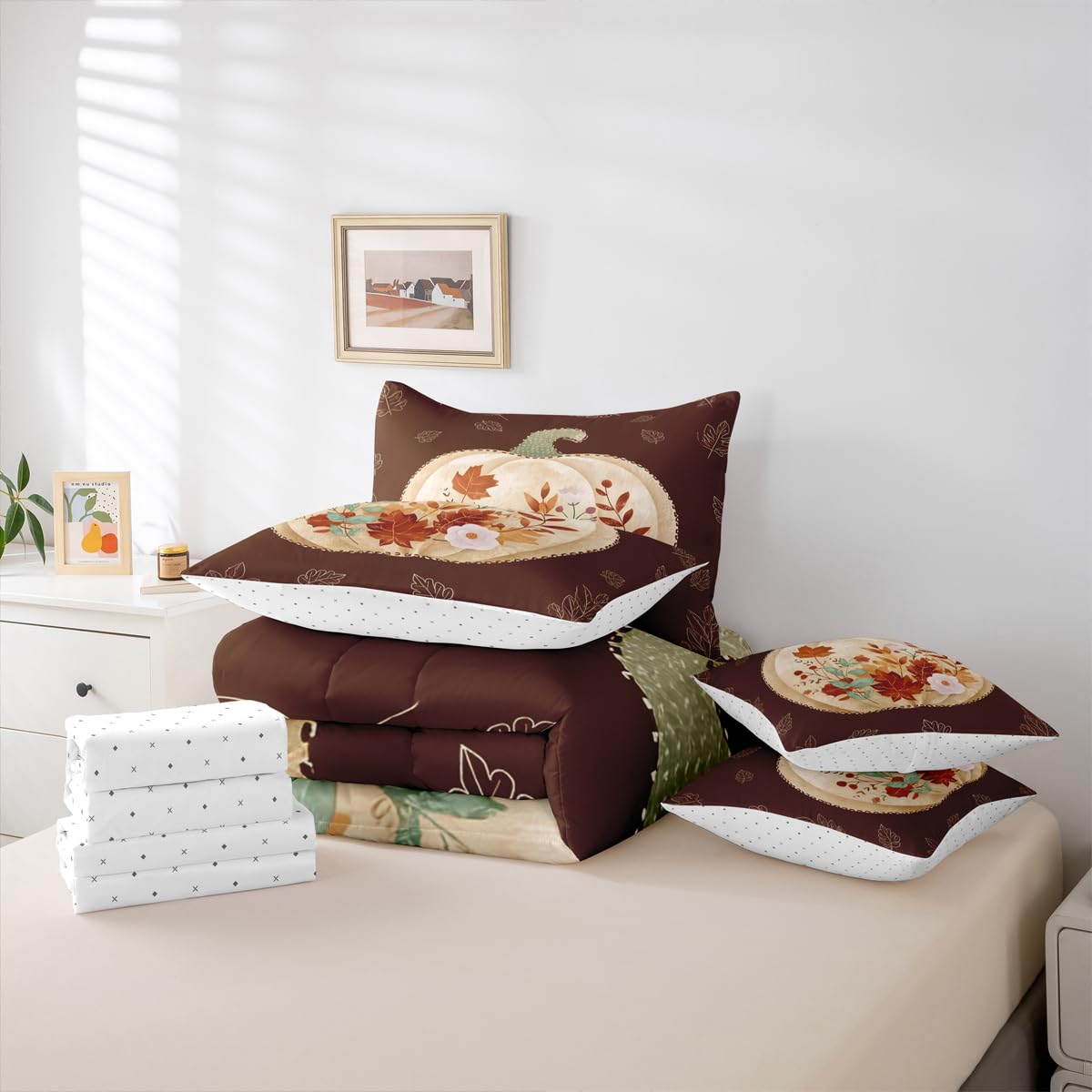 jejeloiu Fall Harvest Comforter Set with Sheets 7 Piece Twin Size Autumn Leaves Bedding Set for Kids Boys Girls Autumn Harvest Theme Bed in a Bag Room Decor Soft Lightweight Microfiber