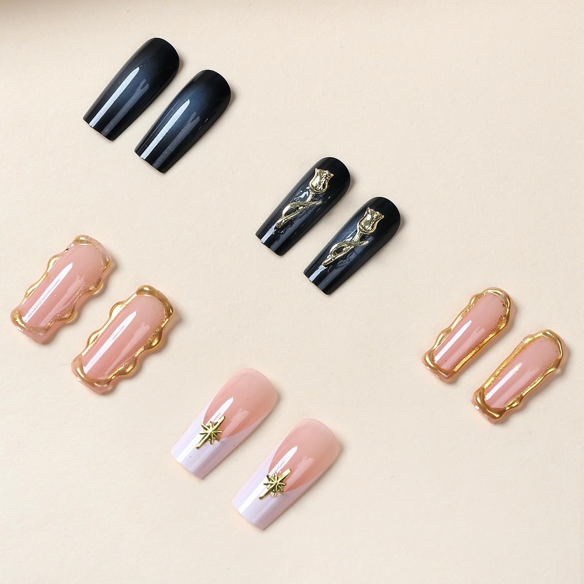 French Tip Press on Nails Medium Square Fake Nails with 3D Gold Rose, Star, Charms Designs Full Cover Glossy False Nails Press ons Stick on Nails for Women Manicure 24Pcs