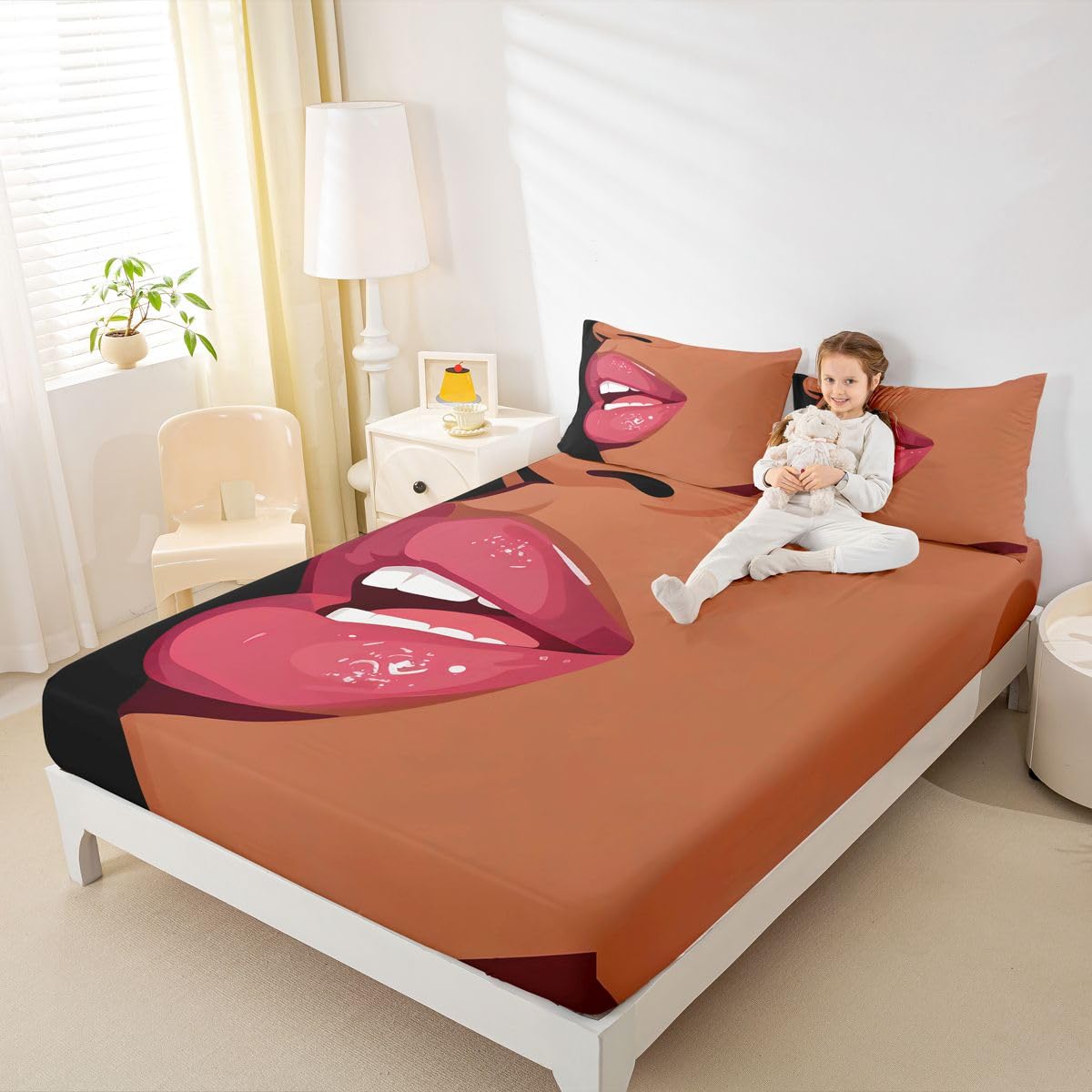Erosebridal Black Girls Pink Fitted Sheet for Kids African Black Women Full Bedding Set Vogue Fashion Gorgeous Bed Sheets for Girls Women Teens Minimalist Romantic Makeup Sheets with 2 Pillow Cases