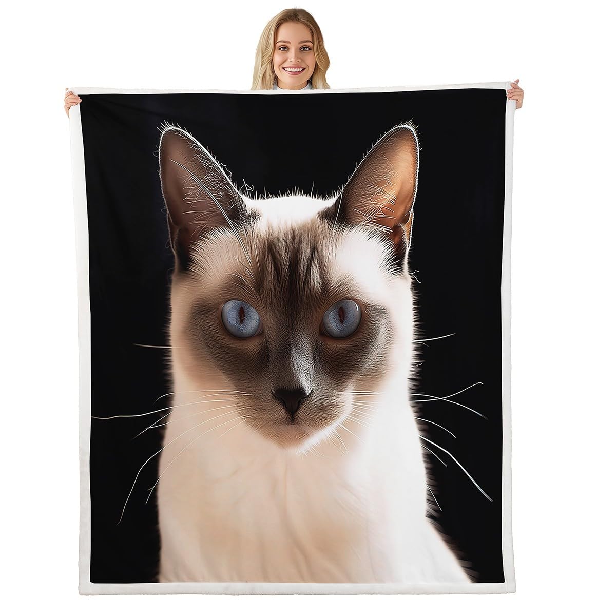 Feelyou Cute Cat Sherpa Blanket Siamese Cat Fleece Throw Blanket Girls Cartoon Pet Cat Plush Blanket Lightweight Microfiber Fuzzy Blanket for Sofa Bed Couch 50" x 60"