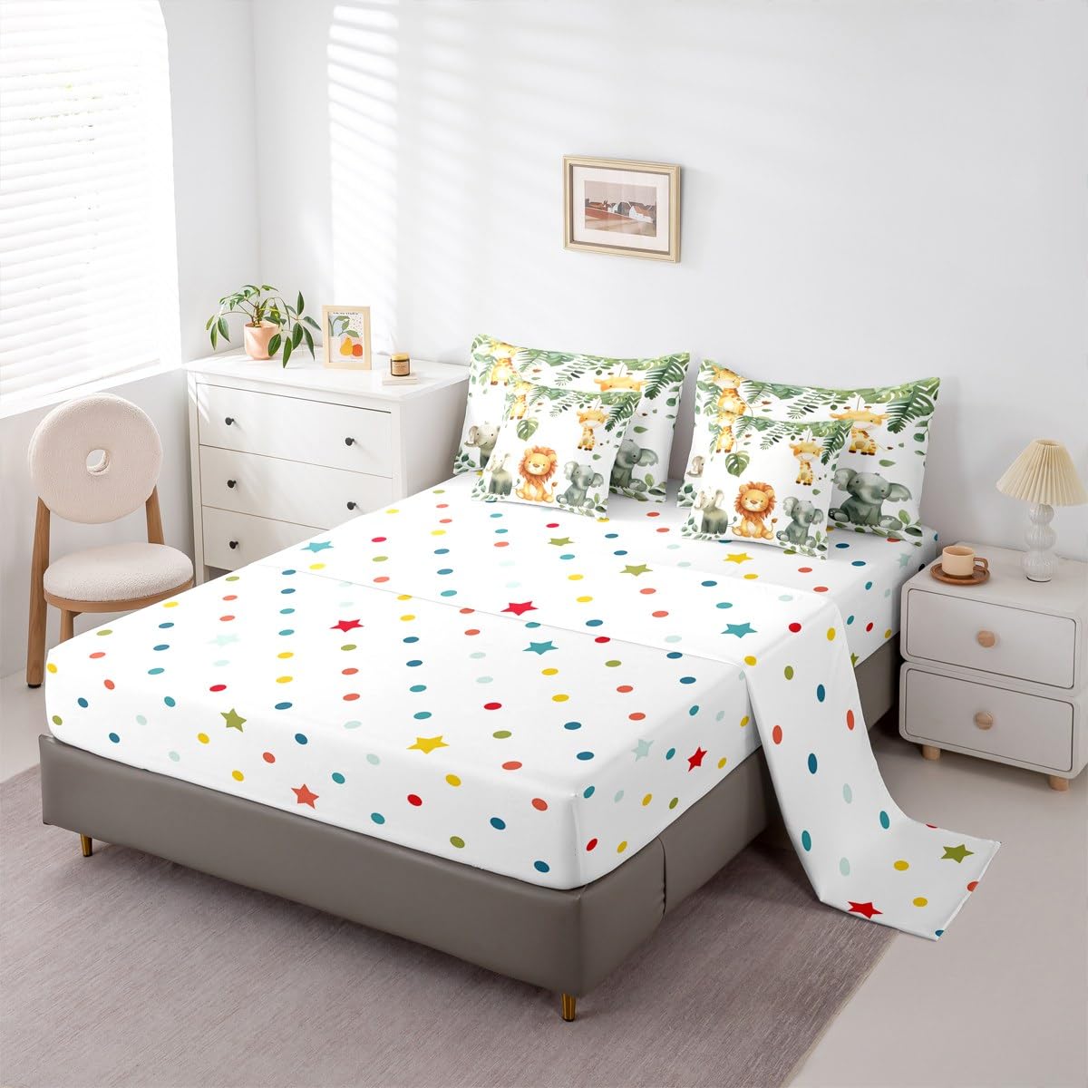 Erosebridal Cute Elephant 7 Piece Bedding Set King Leaves Comforter Set with Sheets Lion Giraffe Palm Leaf Hand Drawn Bed in a Bag Cartoon Animal Theme Elephant for Kids Boys Girls