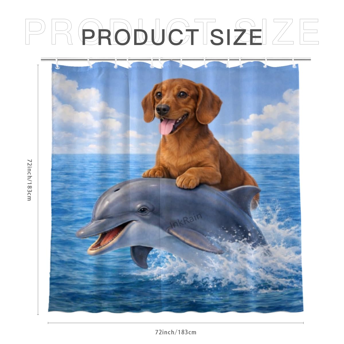 InkRain Ocean Dachshund Shower Curtain with 12 Hooks Cute Puppy Riding Dolphin Bathroom Decor Waterproof Polyester Fabric Coastal Beach Bath Curtain 72x72 Inch