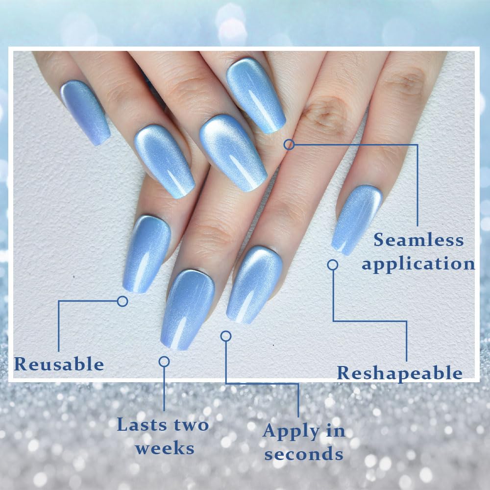evpct Sky Blue Cat Eye Coffin Press on Nails Medium Square No Glue, Medium Square Stick on Nail for Women, Sky Blue Metallic Glitter Glossy Reusable Summer Soft Press on Acrylic Fake Nail with Design