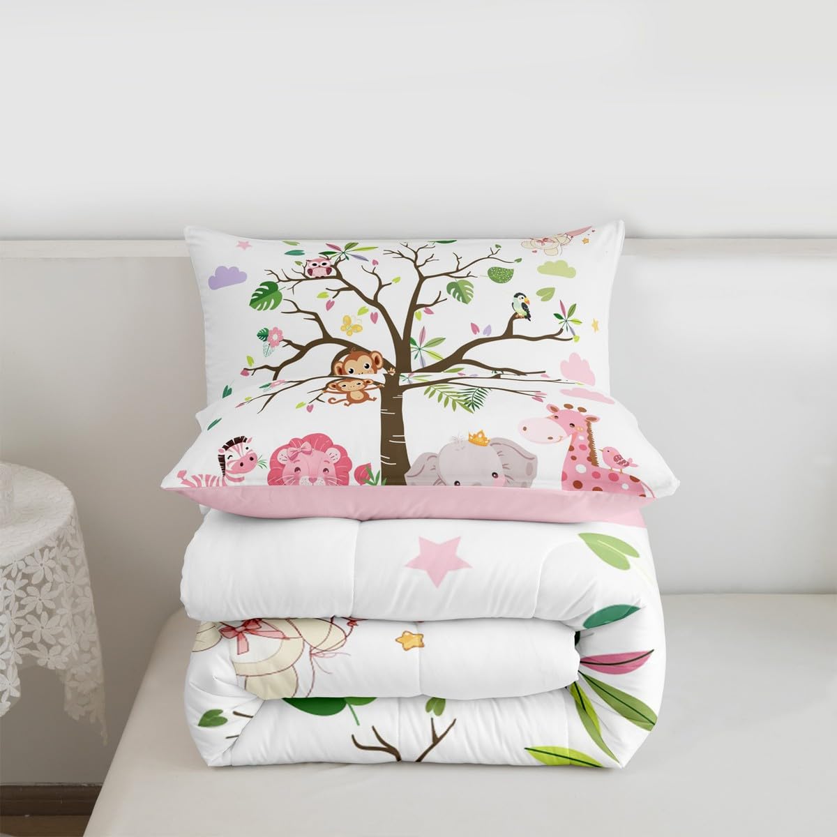 Erosebridal Pink Wildlife Comforter Set Twin Size Woodland Animals Bedding Set for Kids Girls BoysLion Giraffe Elephant Zebra Comforter Nature Safari Quilt Bedroom Decor