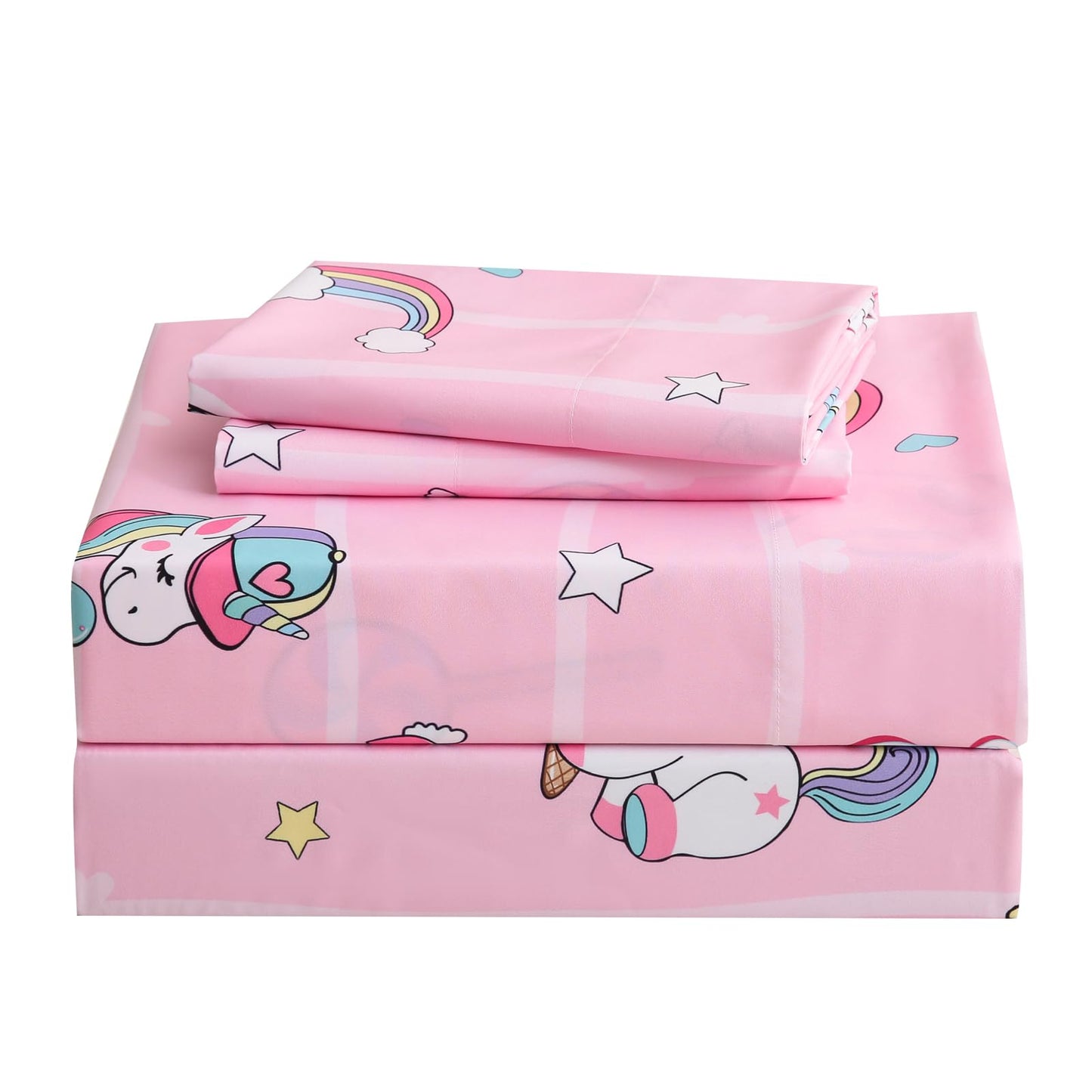 Ocharo Kids Pink Unicorn Full Size Sheet Set,4 Pieces Soft Microfiber Bed Sheets with Rainbow Stars Pattern,Deep Pockets Wrinkle Free,Breathable Fitted Sheet Fade Resistant for Toddlers