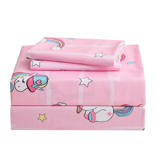 Ocharo Kids Pink Unicorn Full Size Sheet Set,4 Pieces Soft Microfiber Bed Sheets with Rainbow Stars Pattern,Deep Pockets Wrinkle Free,Breathable Fitted Sheet Fade Resistant for Toddlers