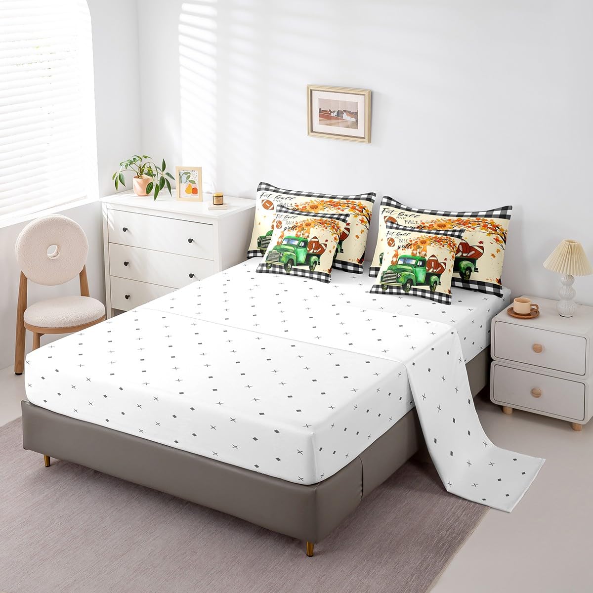 Erosebridal Green Truck 7 Piece Comforter Set Full Bed in a Bag,Cartoon Fall Gnome Kawaii Bedding Sets Rugby Football Sheet Set with Comforter
