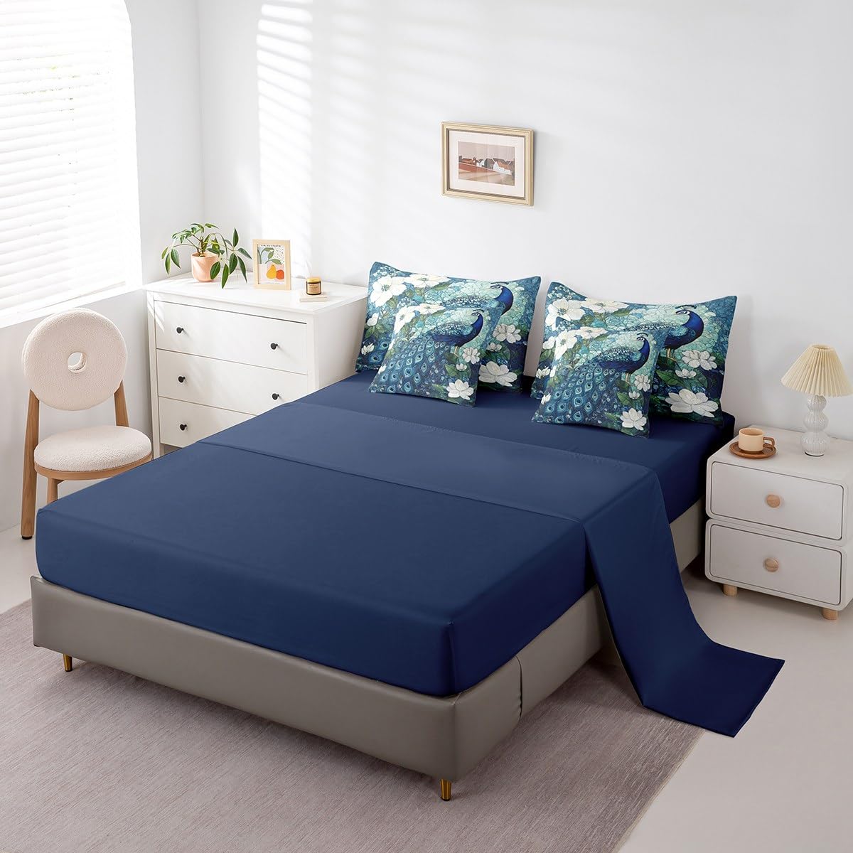 Erosebridal Teal Peacock Bedding Set for Kids Teens,Elegant Bird Comforter Set King Size,Oil Painting Floral (Comforter+Fitted+Flat Sheet+2 Pillowcases+2 Throw Pillow Covers) 7 Pieces Bed Set
