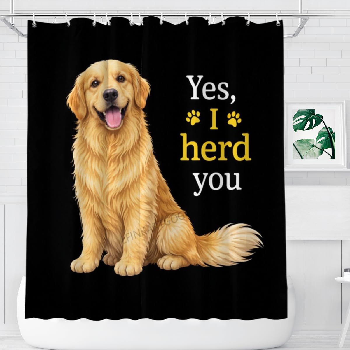 LFINKARTGOGO Funny Golden Retriever Shower Curtain 72x72 Inch with 12 Hooks Dog Lover Bathroom Decor Yes I Herd You Black Background Waterproof Washable Polyester