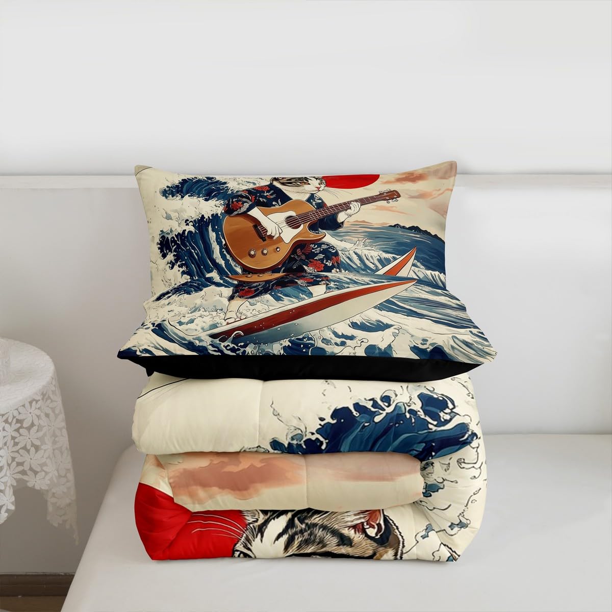 Erosebridal Japanese Cat Guitar Player Bedding Set Queen Rock Music Theme Comforter Set for Kids Boys Girls Nautical Surfing Down Comforter,Cute Animal Quilt Duvet