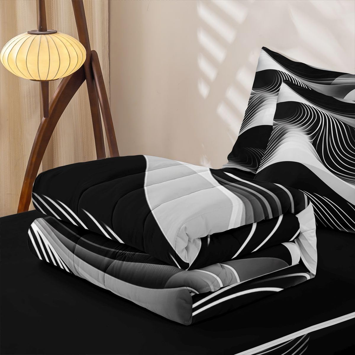 jejeloiu Abstract Art Full Zipper Bedding Set Wavy Contour Lines Kids Comforter Set with Fitted Sheet and 2 Pillowcases Geometric Modern Bed in a Bag Zip Up Bedding Soft Microfiber